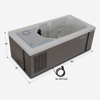 Rectangular cold tub with dimensions and GFCI cord label on a white background