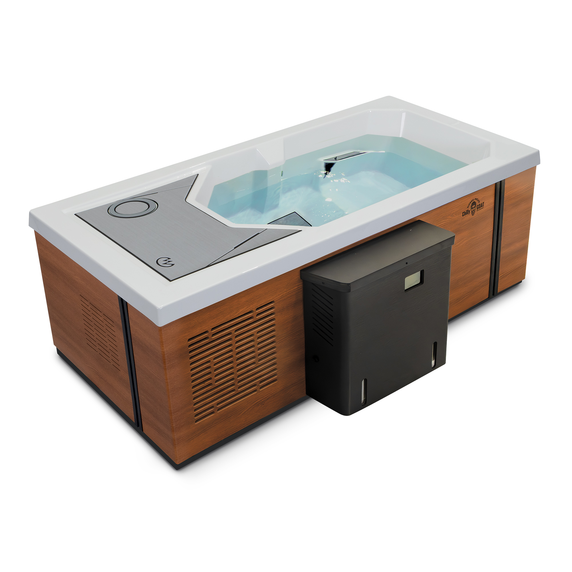 Cold tub with wood grain skirting and white shell on a white background