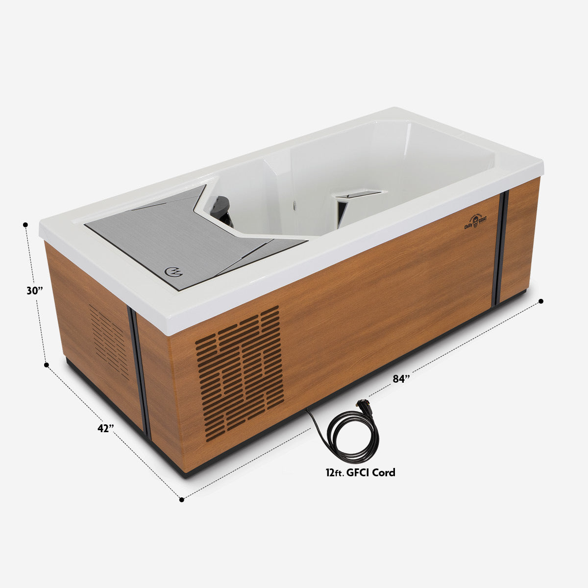 Cold tub on white background with dimensional measurements