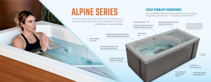 Person using a cold therapy system with text about the Alpine Series.
