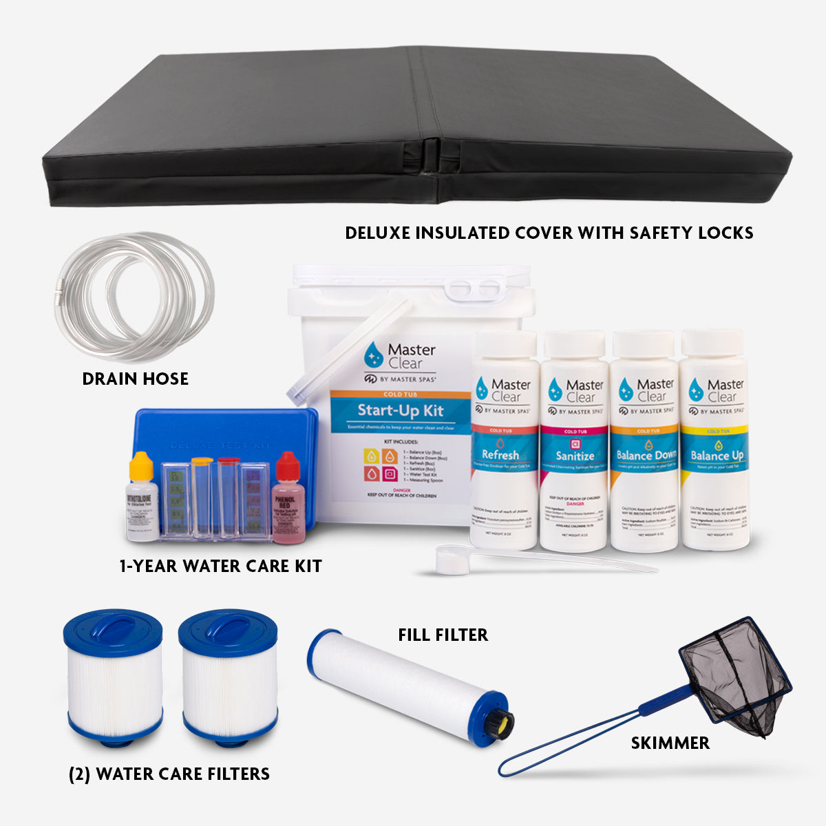 Collage of all maintenance accessories included with cold tub purchase