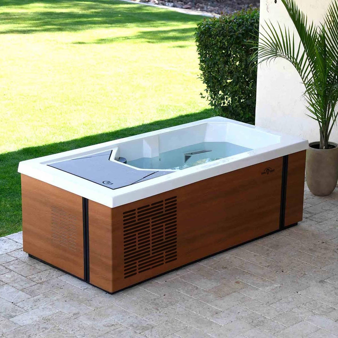 Cold tub shown sitting on a patio