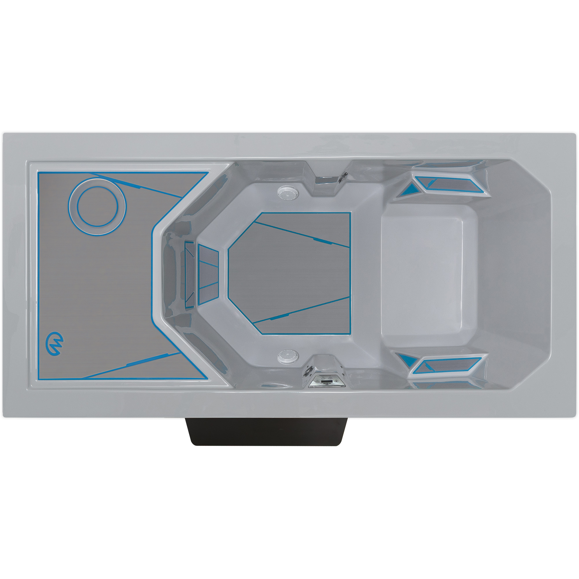 Overhead gray hot tub with blue tread accents on a white background