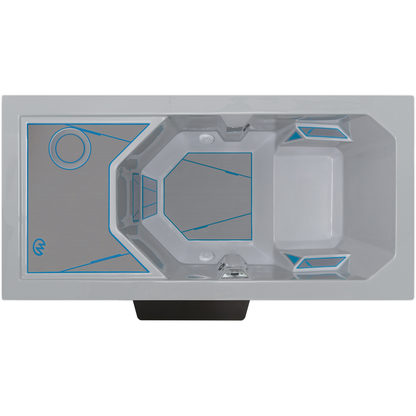 Overhead gray hot tub with blue tread accents on a white background