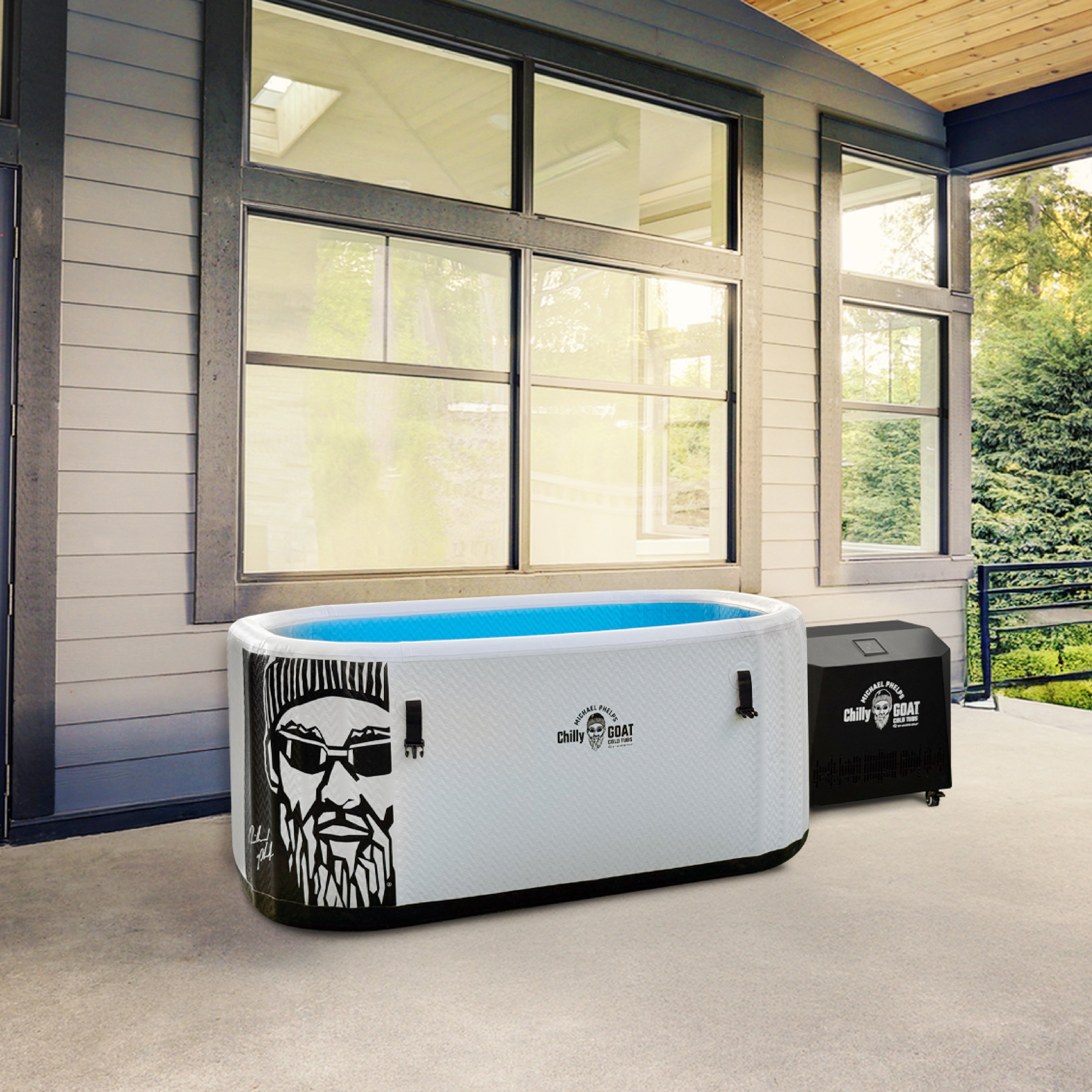 Wooden ice bath with a white interior and cover, placed on a tiled outdoor patio.