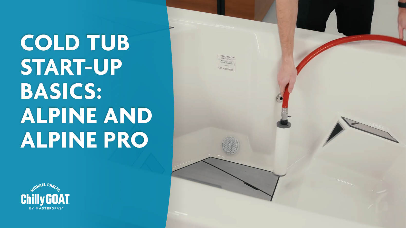 Person using a hose to fill a cold tub with text about cold tub start-up basics.