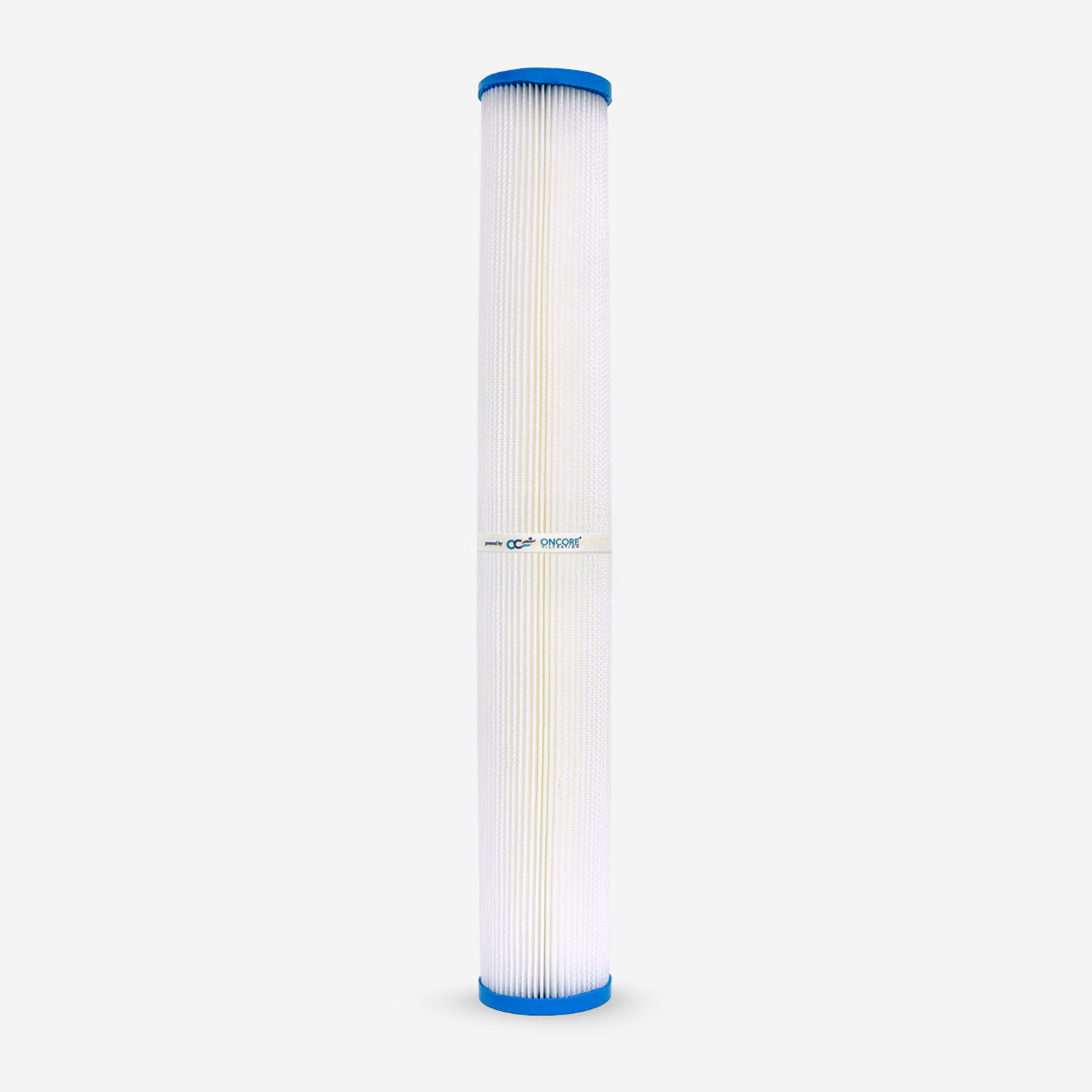 Cylindrical filter cartridge with blue top and bottom on a white background