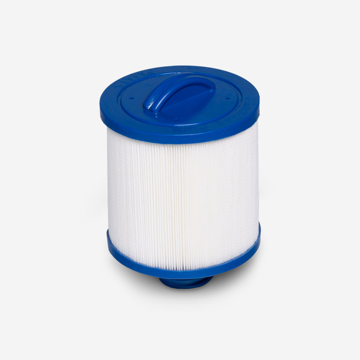 A cylindrical water filter with blue plastic ends and white pleated paper.